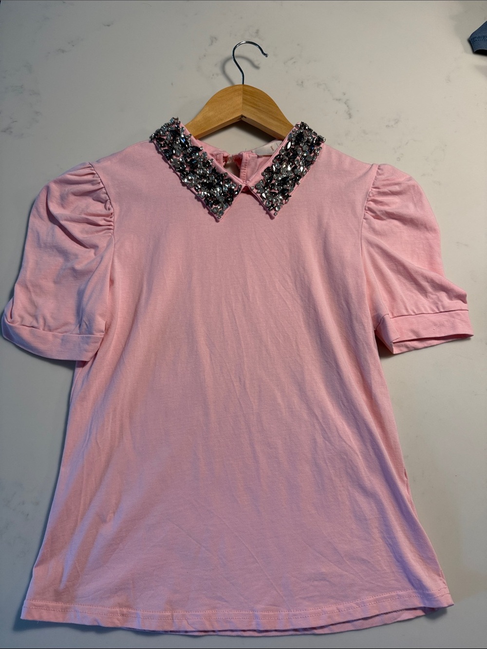 Girls' Pink Short Sleeve Top with Embellished Collar